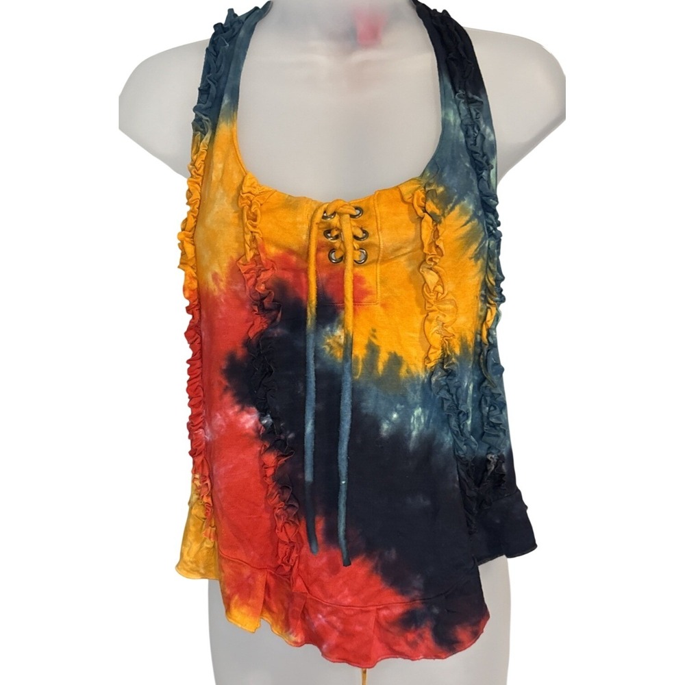 Cali Kind Womens L Halter Tie Dyed‎ Lace up Top Multicolored Sleeveless Hippe